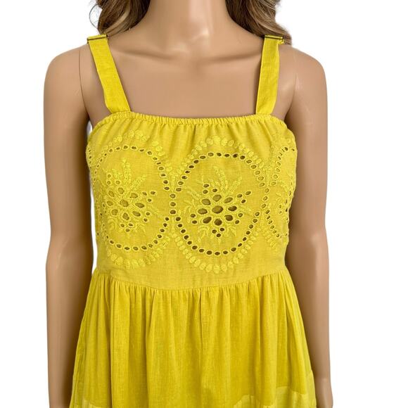 NAOO Eyelet lace Maxi Sun Dress tiered yellow smocked cottage vacation Small - Picture 2 of 10
